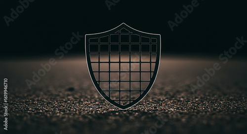 Abstract metallic shield emblem with intricate grid pattern on a dark textured background