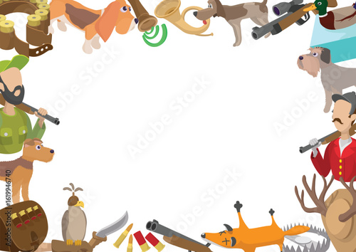Cartoon hunters preparing for a hunt with their dogs, weapons, and prey animals, creating a vibrant and dynamic scene