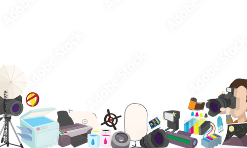 Photography and printing equipment banner with photographer taking pictures, representing graphic design and image processing