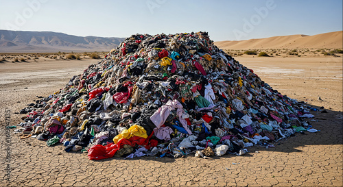 Large pile of discarded clothing in desert landscape during daylight hours