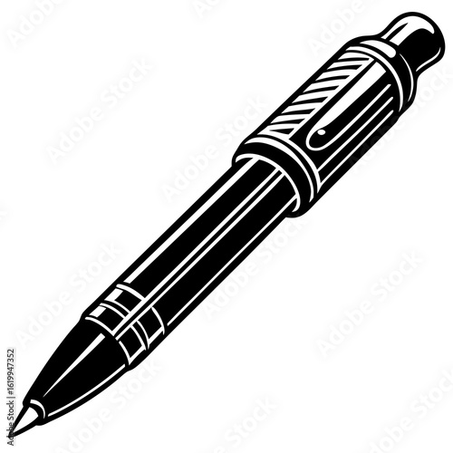 Black and White Stylized Ballpoint Pen Illustration.