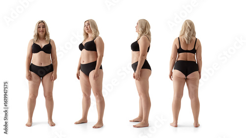 Plus-size blonde woman in black underwear standing in studio from four views. Concept of inclusive fashion, realistic product demo, body diversity, and modern lingerie branding.