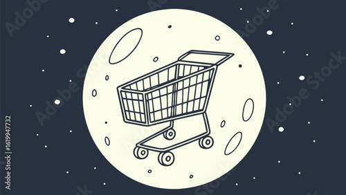 Whimsical shopping cart floating amongst stars and celestial bodies in a dreamlike night sky