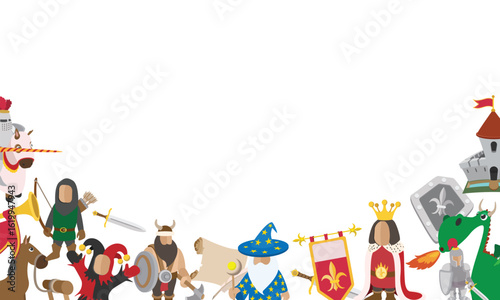 Cartoon medieval characters and objects like knights, kings, dragons, and castles are forming a border on a white background