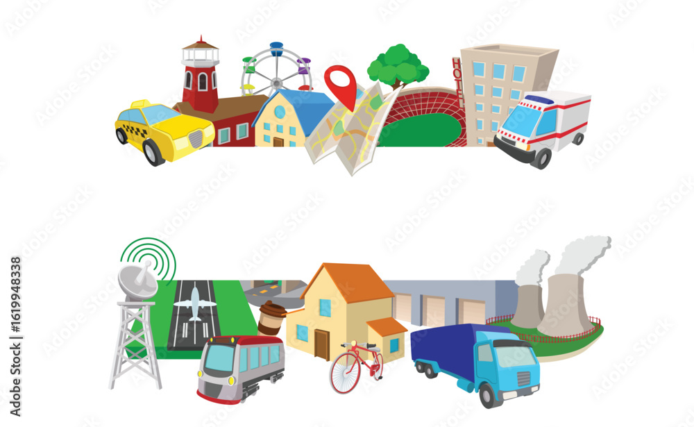 Fototapeta premium Cartoon style infrastructure elements including stadium, hotel, taxi, ambulance, ferris wheel, map, satellite dish, airport, train, bicycle, truck, warehouse and power plant
