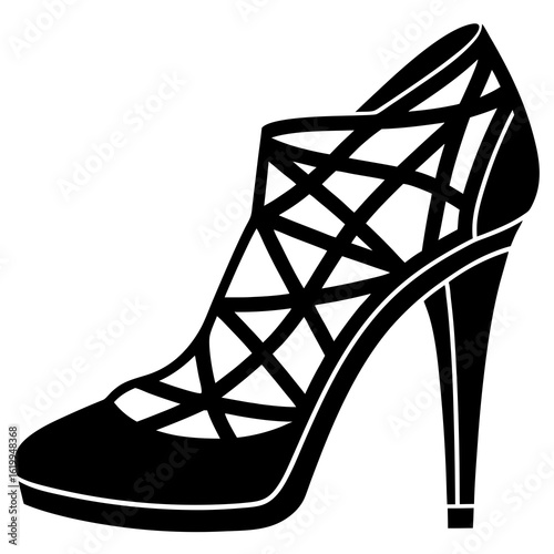 Black High Heel Shoe with Geometric Cutouts.