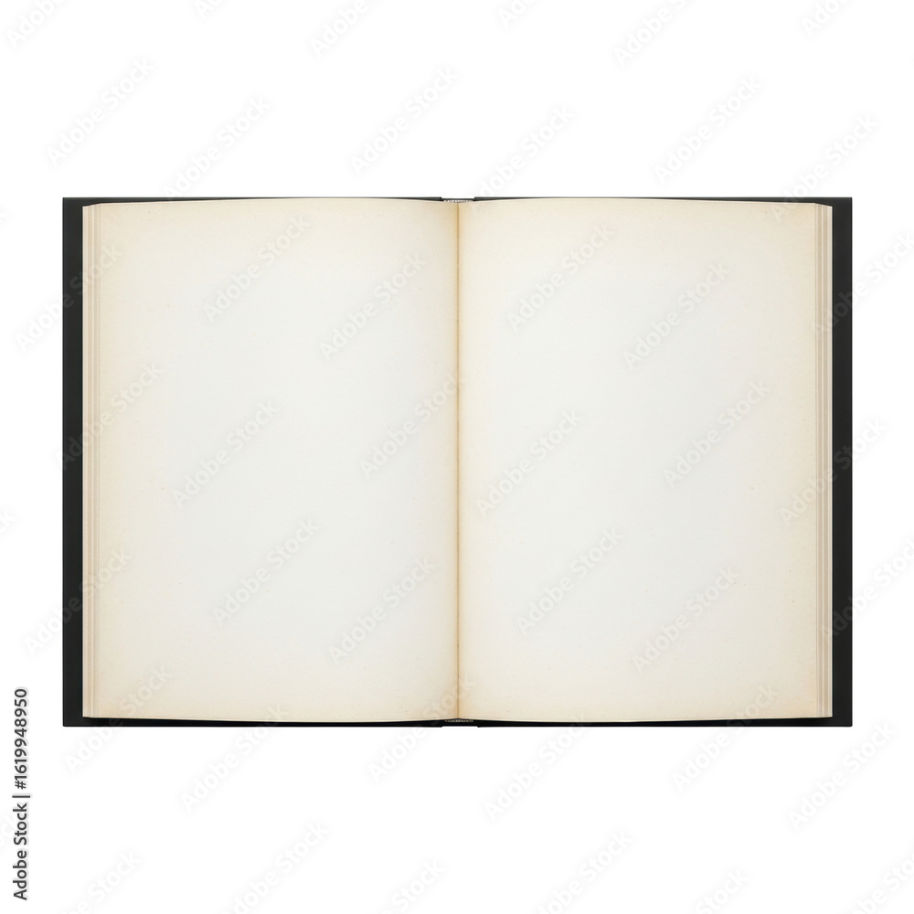 A top-down ultra-realistic UHD photo of an open black hardcover book with two blank, aged off-white, textured pages, on a transparent background with diffuse studio lighting, no shadows. Concept A top-down ultra-realistic UHD photo of an open black hardcover book with two blank, aged off-white, textured pages, on a transparent background with diffuse studio lighting, no shadows. Concept