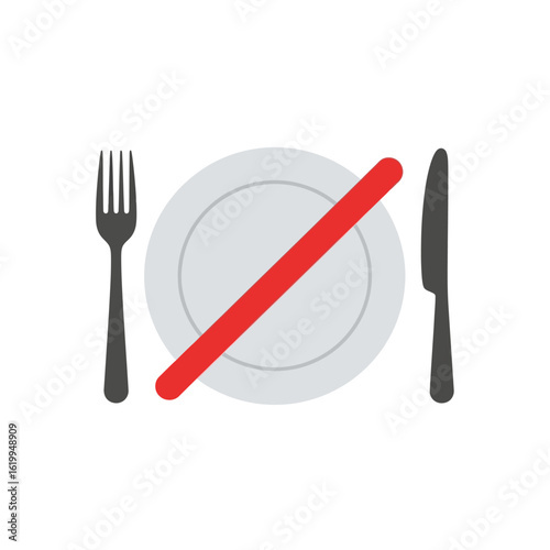 Intermittent fasting and dieting concept icon. No food symbol with a crossed-out plate, fork, and knife on a white background.