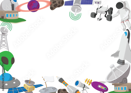 Cartoon style space exploration icons create a vibrant frame, showcasing an astronaut, alien, rocket, and various space objects
