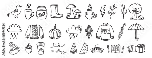 Autumn or nature fall season with falling leaves, umbrella doodle hand drawn icon elements set. Outline drawing autumn or fall line clipart symbol collection