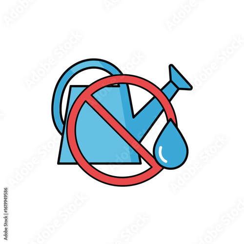 Water restriction and conservation symbol. A vector icon of a blue watering can with a red prohibition sign, representing drought and saving water.