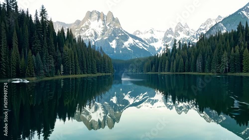 Horizontal video lake with mirror reflection of mountains and surrounding forests