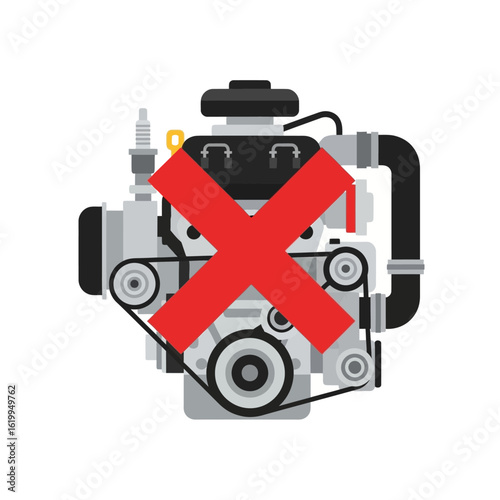 Illustration of a disabled engine with a red cross symbol, signifying a broken or non-operational automotive power unit.
