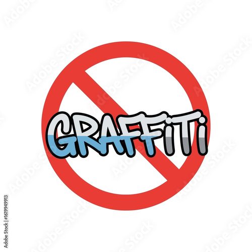 Anti-graffiti prohibition sign with stylized text. Vector icon representing a ban on vandalism and illegal street art on property.