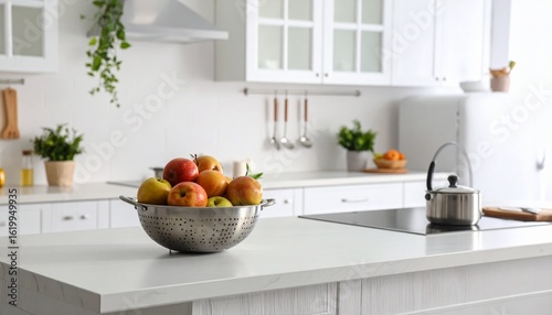 Cocina moderna luminosa, encimeras blancas, electrodomésticos de acero inoxidable, frutero con manzanas, orden y limpieza, sin personas