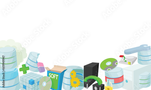 Cartoon style icons representing software development, data storage and cloud computing forming a bottom border on a white background