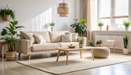 Sala de estar escandinava minimalista, sofá beige, alfombra de lana, mesa de café de madera clara, plantas verdes, luz natural entrando por la ventana, sin personas