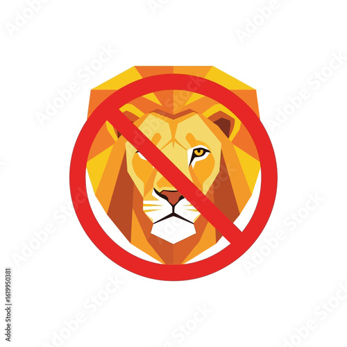A stylized geometric lion head crossed out by a red prohibition sign, symbolizing a ban.