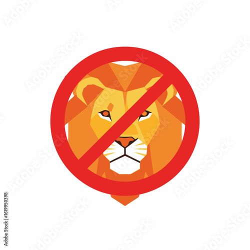 A stylized geometric lion head inside a red prohibition sign, symbolizing a ban or warning.