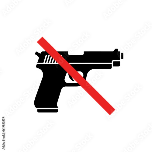 No guns allowed sign with a black handgun silhouette and red prohibition slash. Vector icon for weapon-free zones and gun control.