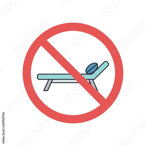 No sun lounger sign icon. A red prohibition symbol over a deck chair, indicating no sunbathing or relaxing is allowed.