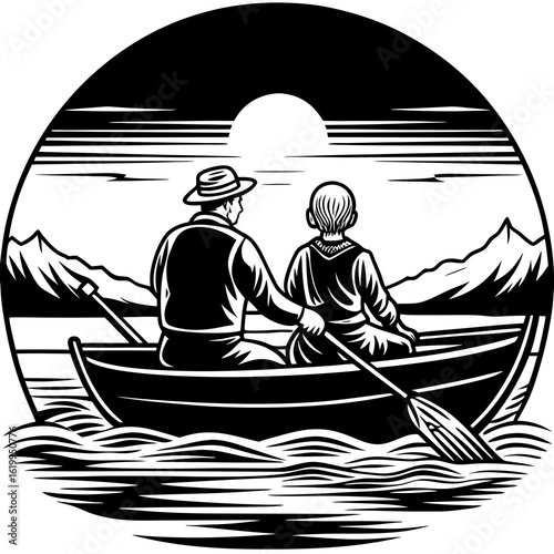 Father and Son Rowing Boat Under Sunset Sky.