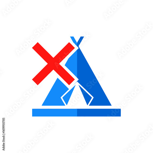 No Camping Zone sign. A blue tent icon with a red cross mark indicating a forbidden area for campers or temporary shelters.