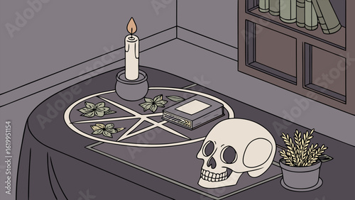 A dimly lit room features a table with a pentagram a lit candle a book a skull and a potted plant evoking a sense of mystery and occult practices