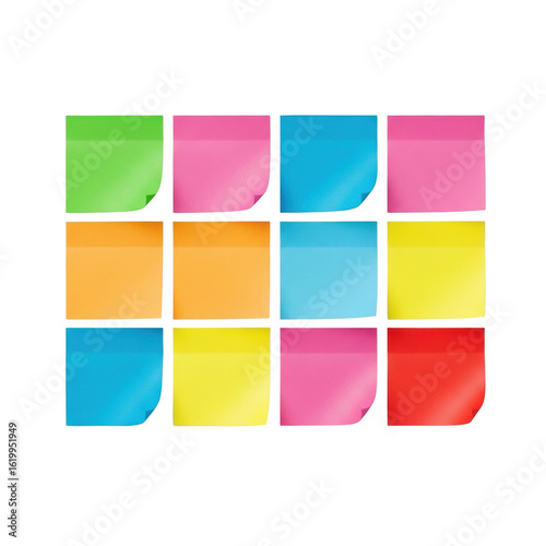 Sixteen blank vibrant colored sticky notes (green, pink, blue, orange, yellow, red) in a 4x4 grid with subtle curled edges, isolated on a white background, top-down studio shot, clean organization