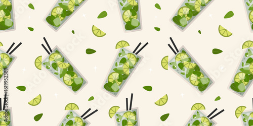 Seamless mojito themed pattern with hand drawn green cocktails, lime slices, mint leaves, and sparkles. Refreshing and clean design, ideal for summer packaging, fabric, and digital use