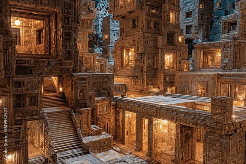 Ancient, stylized city.  Intricate, glowing architecture