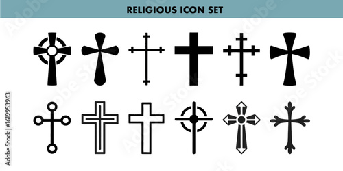 Collection of diverse christian cross designs in black icons for graphic or religious purposes