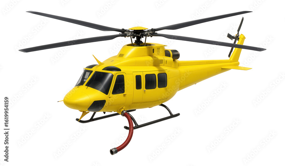 Fototapeta premium Bright yellow firefighting helicopter featuring a prominent snorkel hose attachment