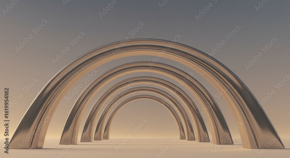 Fototapeta premium A row of metallic arches creates a tunnel effect. The gradient backdrop transitions from dark to light above a pale floor