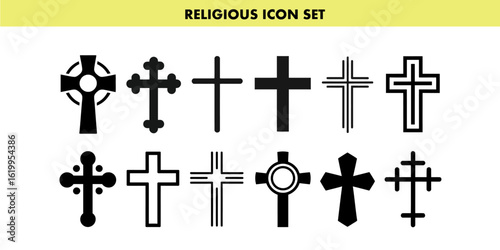 Various designs of black silhouette religious crosses in diverse styles on a transparent background