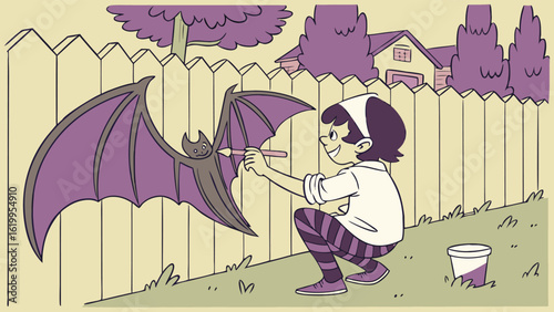 A young artist creatively paints a large purple bat onto a wooden fence in their backyard on a sunny day