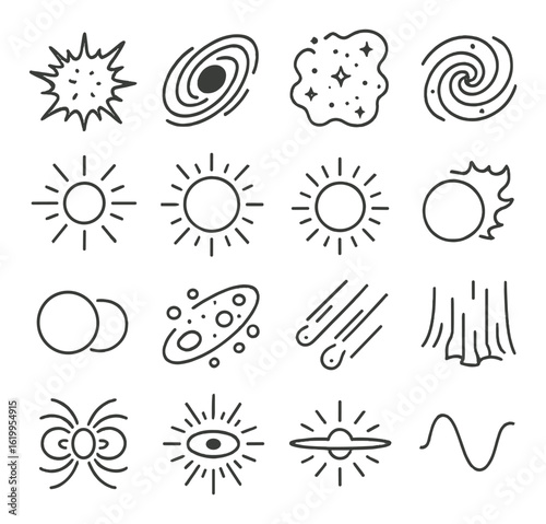 Vector graphic set of celestial and space icons on beige background