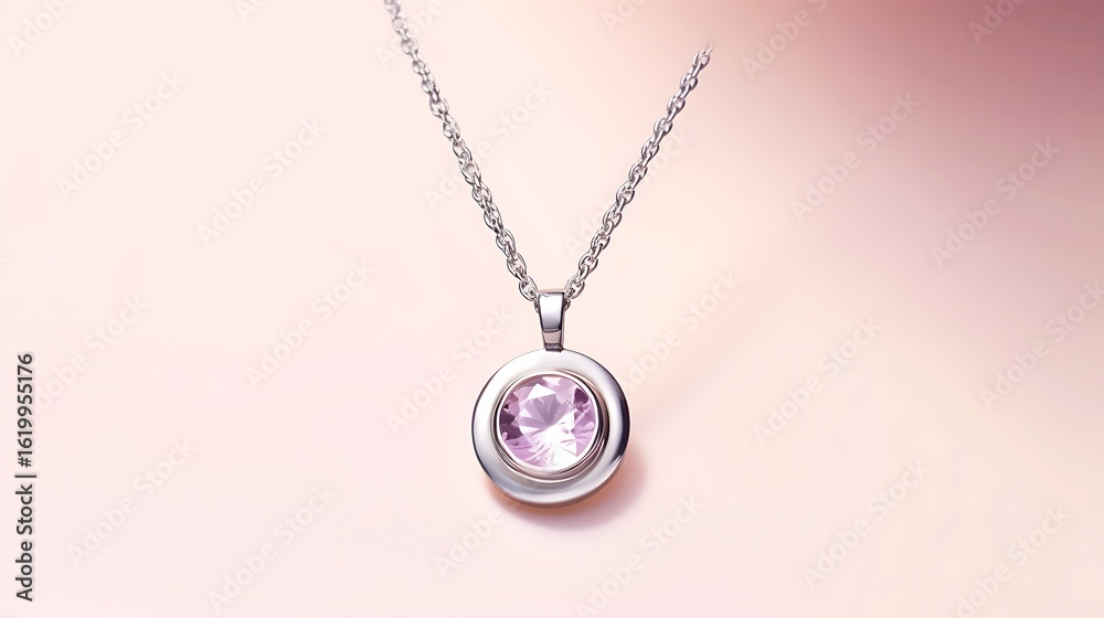 Fototapeta premium A graceful floating silver necklace with a halo-style diamond pendant centered on a light lilac background, crisp edges and soft reflective light, full-frame presentation.