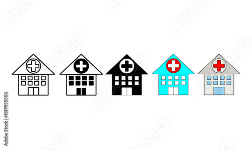 Row of flat hospital buildings with red cross symbols.
