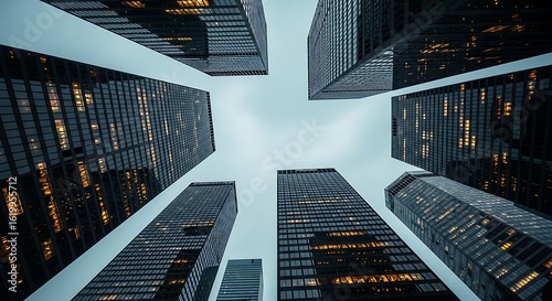 Looking up at skyscrapers in a modern city with a cloudy sky