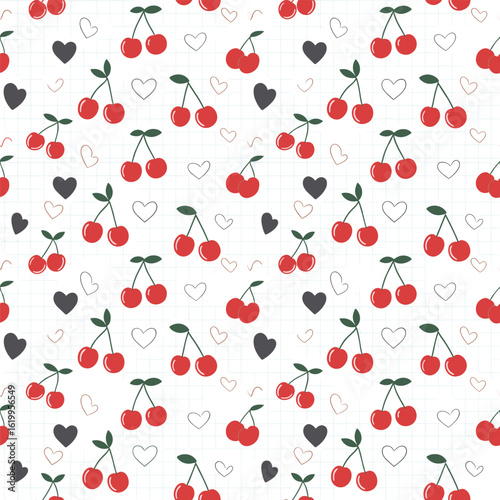 Charming cherry pattern with scattered hearts for a sweet design