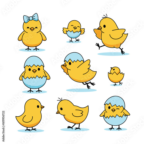 Adorable cartoon chicks hatching and playing together in a fun springtime scene
