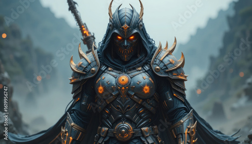 A menacing armored figure with glowing eyes and a sword standing in a mountainous landscape view scene
