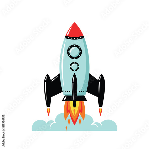 An illustrated rocket ship taking off into the blue sky with clouds and fiery exhaust