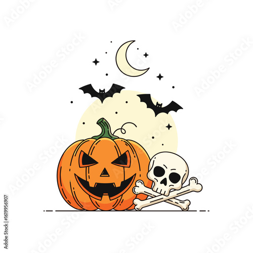 Celebrate the spooky season with a festive jack o lantern and skull on a crisp autumn night under the moonlit sky surrounded by flying bats