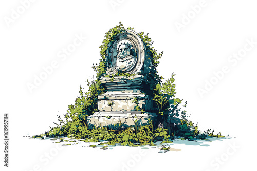 Abandoned Stone Sculpture in Overgrown Garden isolated