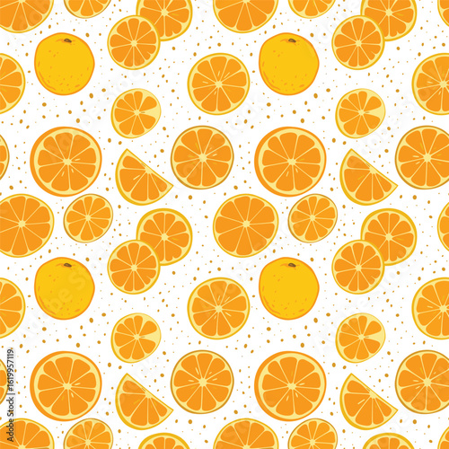 Vibrant citrus slices and oranges scattered on a dotted white background for festive designs