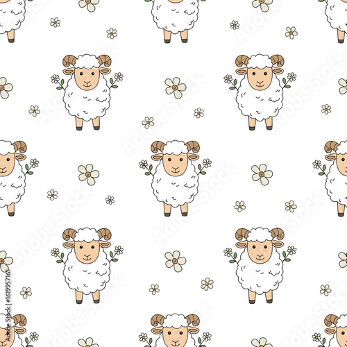 Charming hand drawn sheep and floral elements repeating pattern for textiles and decor
