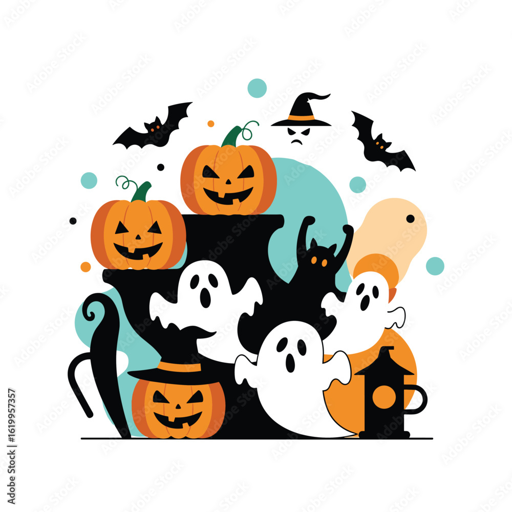 Fototapeta premium Whimsical halloween scene featuring jack o lanterns spooky ghosts and flying bats