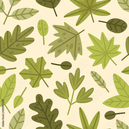 Hand-drawn seamless pattern with different green leaves. Cartoon texture in flat style. Vector background 